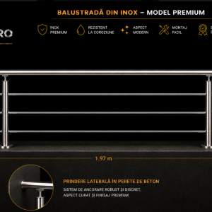 Balustradă din inox pentru balcon cu bare orizontale – fixare laterală