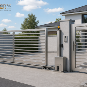 Poartă culisantă din inox cu lamele orizontale și portiță pietonală