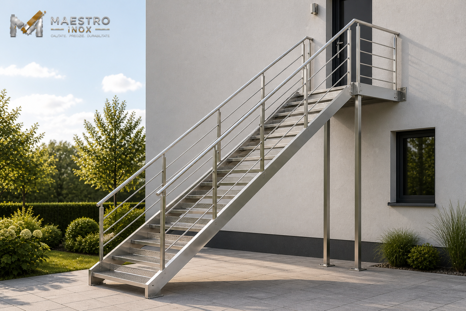 Scară metalică exterioară din inox cu platformă superioară