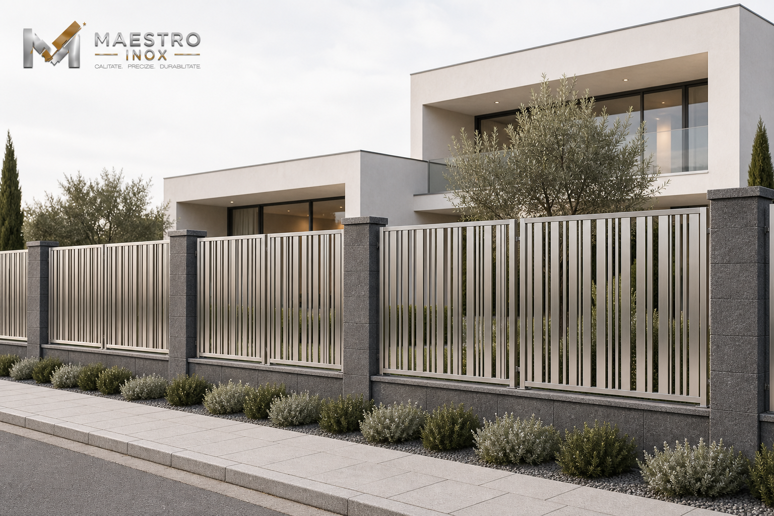 Gard din inox cu bare verticale – model modern și aerisit